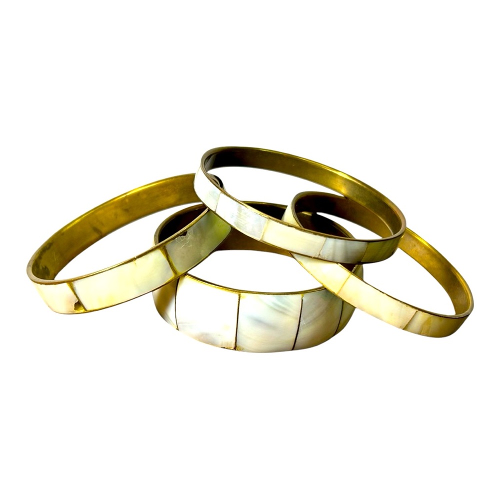 Vintage 4x Stackable Bangles, Rectangular Mother of Pearl Inlays in Brass Bands